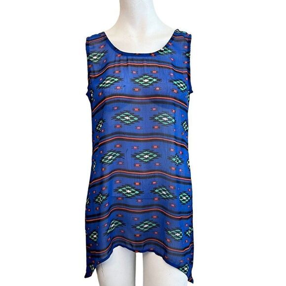 Wrangler Shirt Womens Small Bright Blue Blouse Aztec Western Sheer Long Tunic - Picture 1 of 3